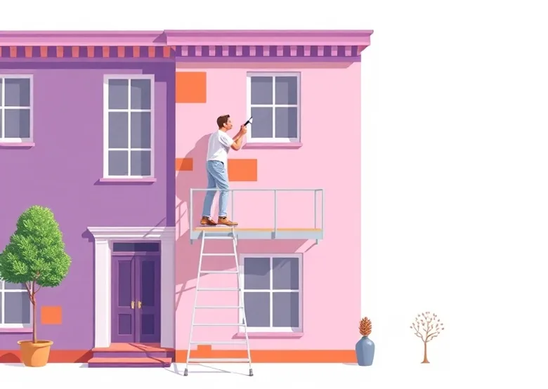 Peintre sur échafaudage traitant la façade d'une maison